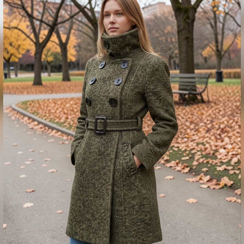 Soia & Kyo wool blend tweed Double Breasted dress coat green & brown Size M